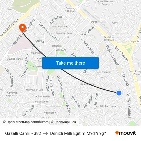 Gazallı Camii - 382 to Denizli Milli Egitim M?d?rl?g? map