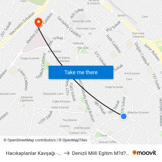Hacıkaplanlar Kavşağı - 383 to Denizli Milli Egitim M?d?rl?g? map