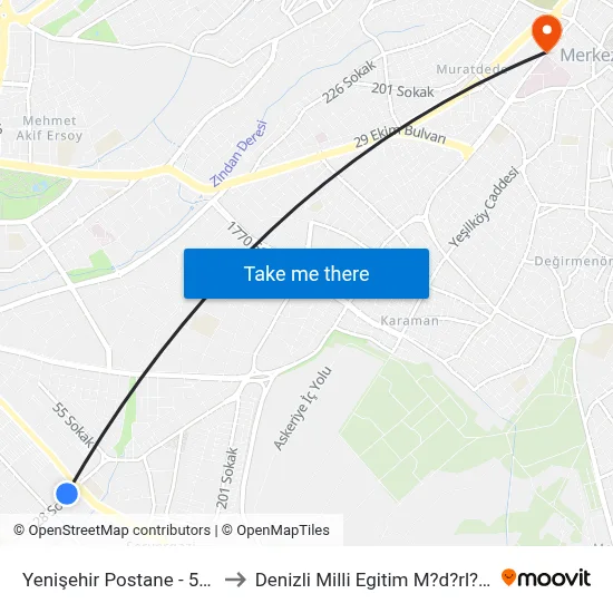 Yenişehir Postane - 566 to Denizli Milli Egitim M?d?rl?g? map