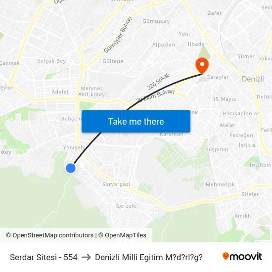 Serdar Sitesi - 554 to Denizli Milli Egitim M?d?rl?g? map