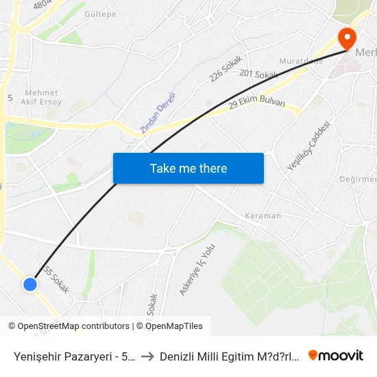 Yenişehir Pazaryeri - 558 to Denizli Milli Egitim M?d?rl?g? map
