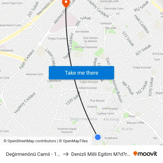 Değirmenönü Camii - 1200 to Denizli Milli Egitim M?d?rl?g? map