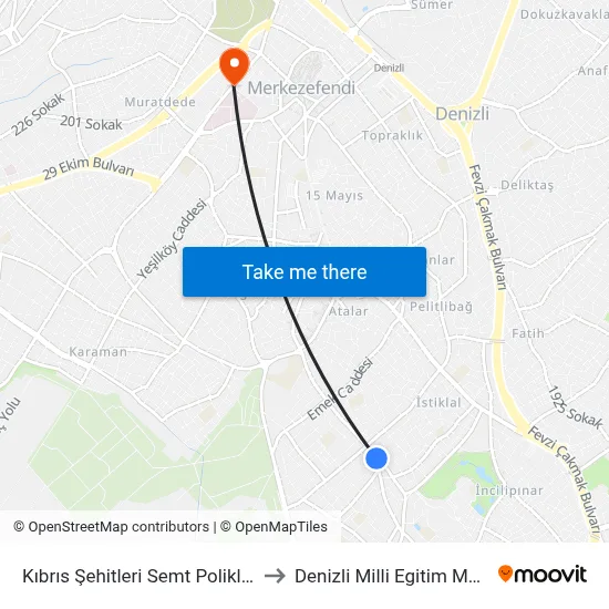 Kıbrıs Şehitleri Semt Polikliniği - 68 to Denizli Milli Egitim M?d?rl?g? map