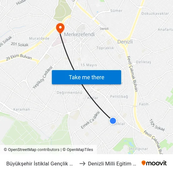 Büyükşehir İstiklal Gençlik Merkezi - 780 to Denizli Milli Egitim M?d?rl?g? map