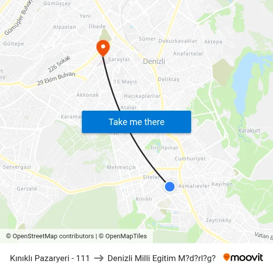 Kınıklı Pazaryeri - 111 to Denizli Milli Egitim M?d?rl?g? map