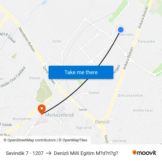 Sevindik 7 - 1207 to Denizli Milli Egitim M?d?rl?g? map