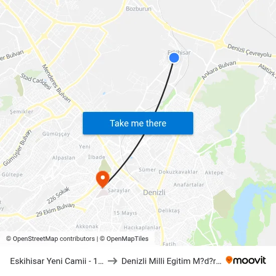 Eskihisar Yeni Camii - 1730 to Denizli Milli Egitim M?d?rl?g? map