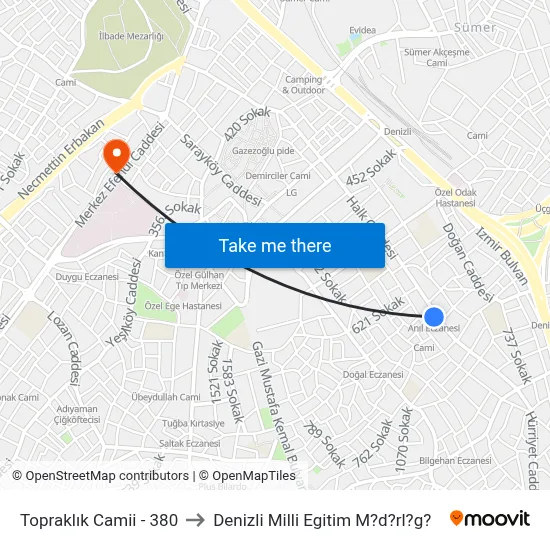 Topraklık Camii - 380 to Denizli Milli Egitim M?d?rl?g? map