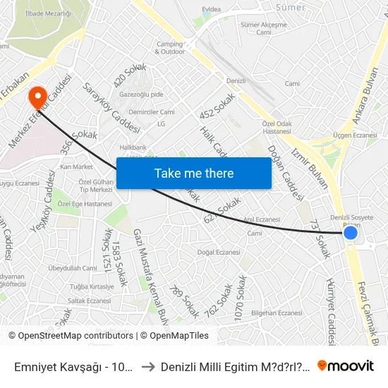 Emniyet Kavşağı - 1010 to Denizli Milli Egitim M?d?rl?g? map