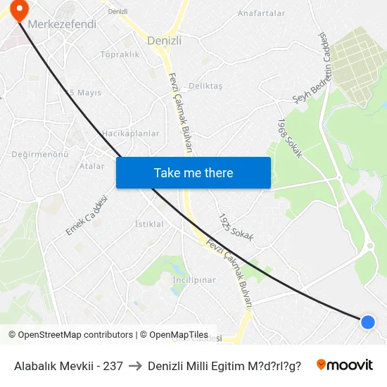 Alabalık Mevkii - 237 to Denizli Milli Egitim M?d?rl?g? map