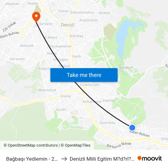 Bağbaşı Yediemin - 227 to Denizli Milli Egitim M?d?rl?g? map