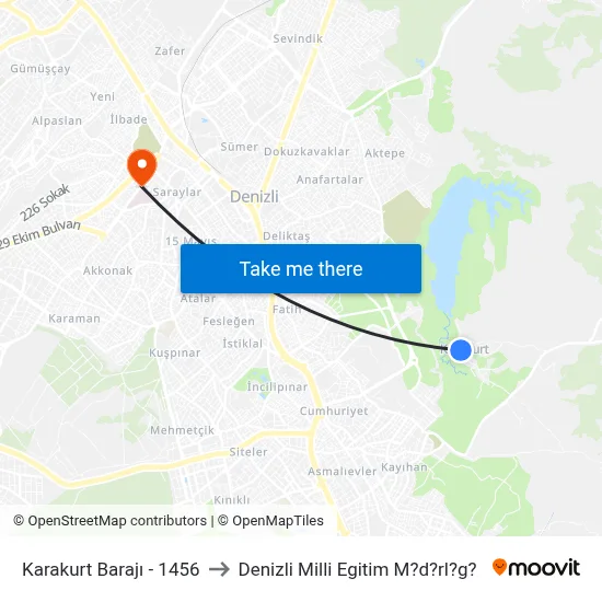 Karakurt Barajı - 1456 to Denizli Milli Egitim M?d?rl?g? map