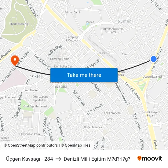 Üçgen Kavşağı - 284 to Denizli Milli Egitim M?d?rl?g? map
