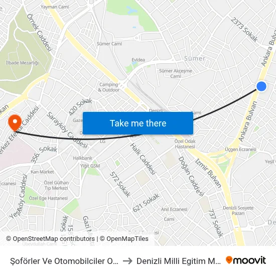 Şoförler Ve Otomobilciler Odası - 285 to Denizli Milli Egitim M?d?rl?g? map