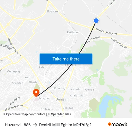 Huzurevi - 886 to Denizli Milli Egitim M?d?rl?g? map