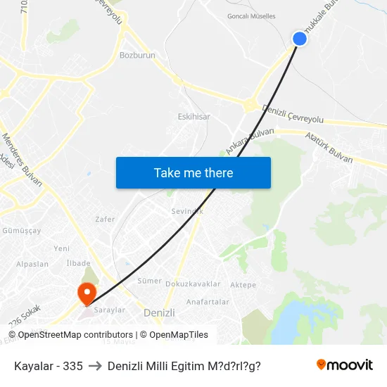 Kayalar - 335 to Denizli Milli Egitim M?d?rl?g? map