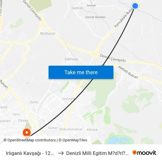 Irlıganlı Kavşağı - 1230 to Denizli Milli Egitim M?d?rl?g? map