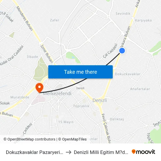Dokuzkavaklar Pazaryeri - 289 to Denizli Milli Egitim M?d?rl?g? map