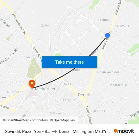Sevindik Pazar Yeri - 895 to Denizli Milli Egitim M?d?rl?g? map