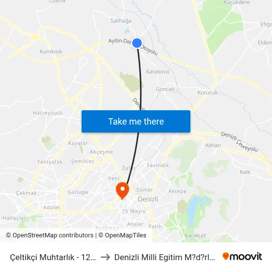 Çeltikçi Muhtarlık - 1254 to Denizli Milli Egitim M?d?rl?g? map