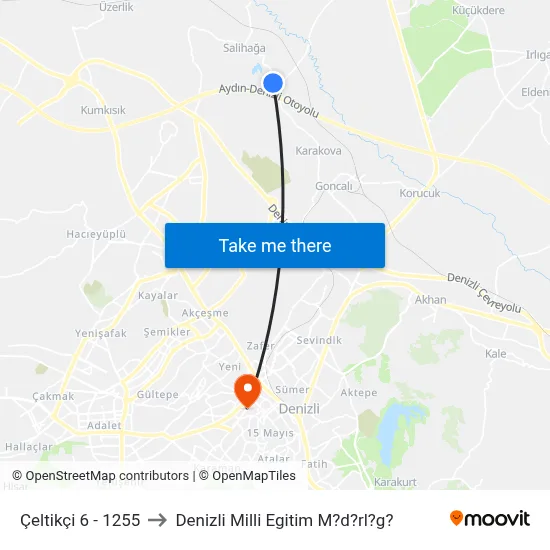 Çeltikçi 6 - 1255 to Denizli Milli Egitim M?d?rl?g? map