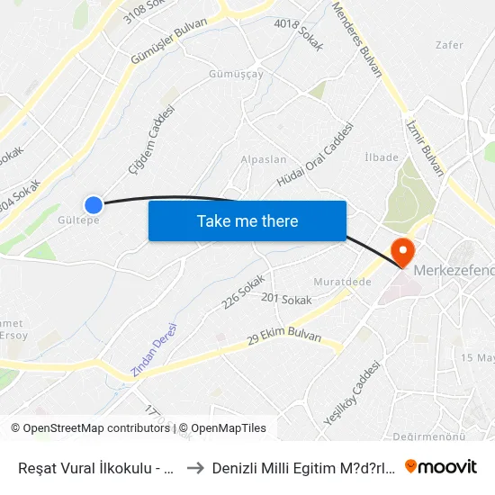 Gültepe Pazaryeri - 956 to Denizli Milli Egitim M?d?rl?g? map