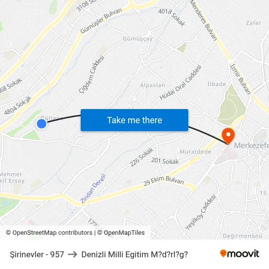 Şirinevler - 957 to Denizli Milli Egitim M?d?rl?g? map