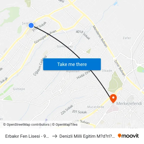 Erbakır Fen Lisesi - 977 to Denizli Milli Egitim M?d?rl?g? map