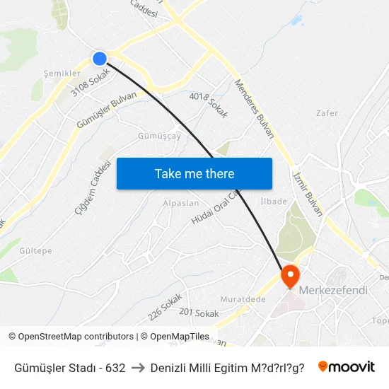 Gümüşler Stadı - 632 to Denizli Milli Egitim M?d?rl?g? map