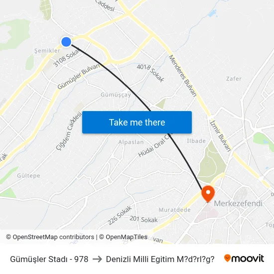 Gümüşler Stadı - 978 to Denizli Milli Egitim M?d?rl?g? map
