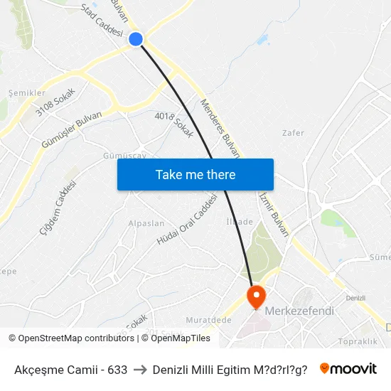 Akçeşme Camii - 633 to Denizli Milli Egitim M?d?rl?g? map