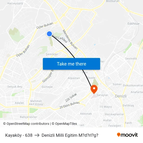 Kayaköy - 638 to Denizli Milli Egitim M?d?rl?g? map
