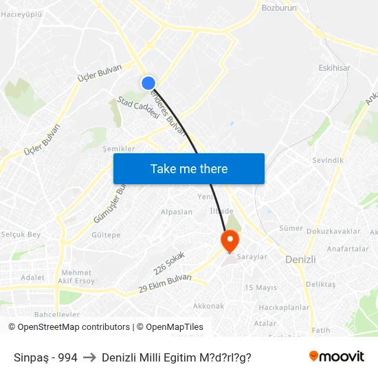 Sinpaş - 994 to Denizli Milli Egitim M?d?rl?g? map