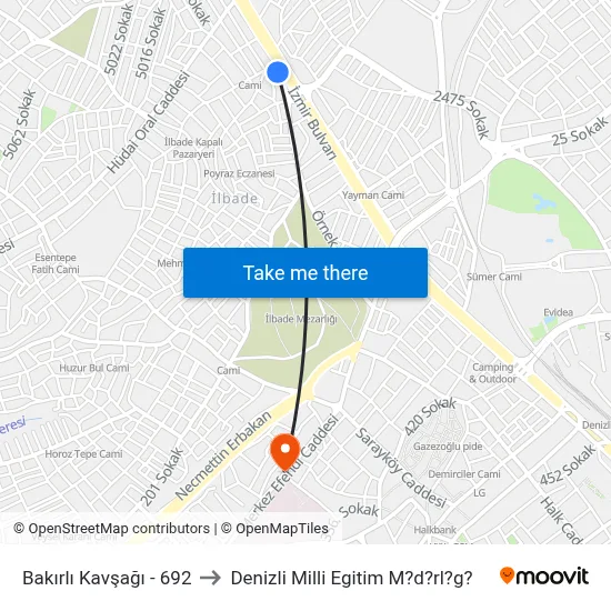 Bakırlı Kavşağı - 692 to Denizli Milli Egitim M?d?rl?g? map