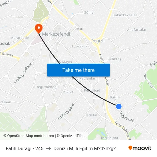 Fatih Durağı - 245 to Denizli Milli Egitim M?d?rl?g? map