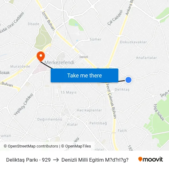 Deliktaş Parkı - 929 to Denizli Milli Egitim M?d?rl?g? map