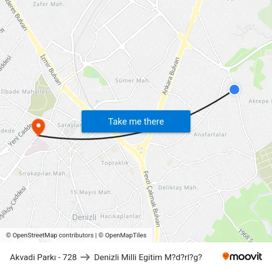 Akvadi Parkı - 728 to Denizli Milli Egitim M?d?rl?g? map