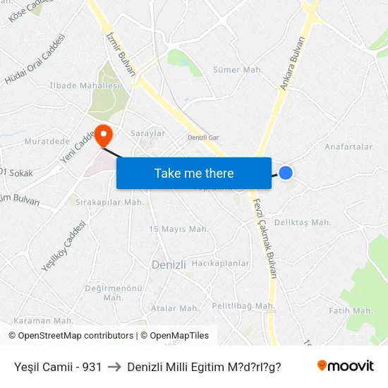 Yeşil Camii - 931 to Denizli Milli Egitim M?d?rl?g? map