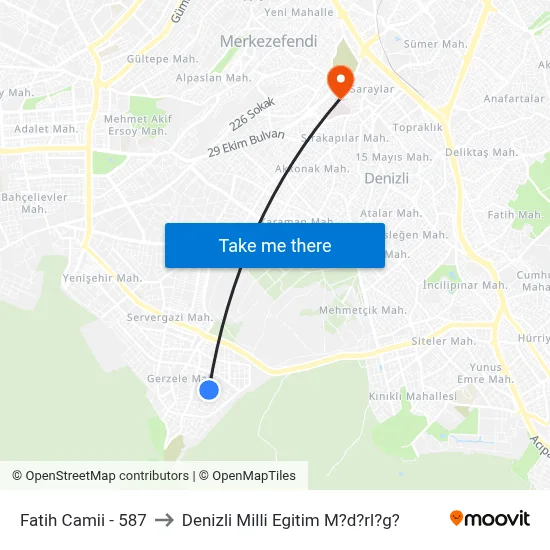 Fatih Camii - 587 to Denizli Milli Egitim M?d?rl?g? map