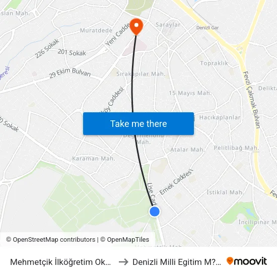 Mehmetçik İlköğretim Okulu - 777 to Denizli Milli Egitim M?d?rl?g? map