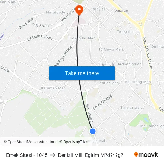 Emek Sitesi - 1045 to Denizli Milli Egitim M?d?rl?g? map