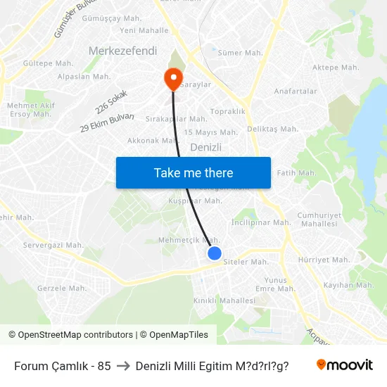 Forum Çamlık - 85 to Denizli Milli Egitim M?d?rl?g? map