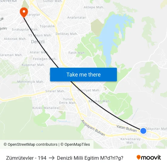 Zümrütevler - 194 to Denizli Milli Egitim M?d?rl?g? map
