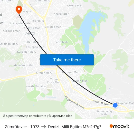 Zümrütevler - 1073 to Denizli Milli Egitim M?d?rl?g? map