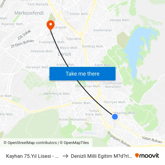 Kayhan 75.Yıl Lisesi - 207 to Denizli Milli Egitim M?d?rl?g? map