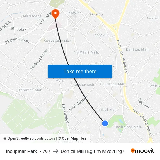 İncilpınar Parkı - 797 to Denizli Milli Egitim M?d?rl?g? map