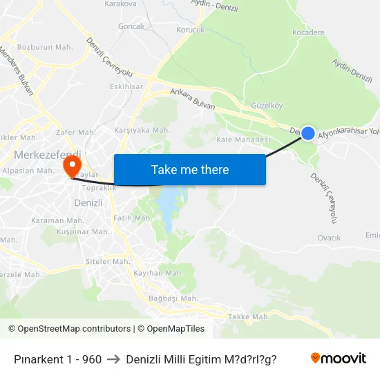 Pınarkent 1 - 960 to Denizli Milli Egitim M?d?rl?g? map