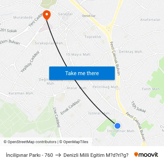 İncilipınar Parkı - 760 to Denizli Milli Egitim M?d?rl?g? map