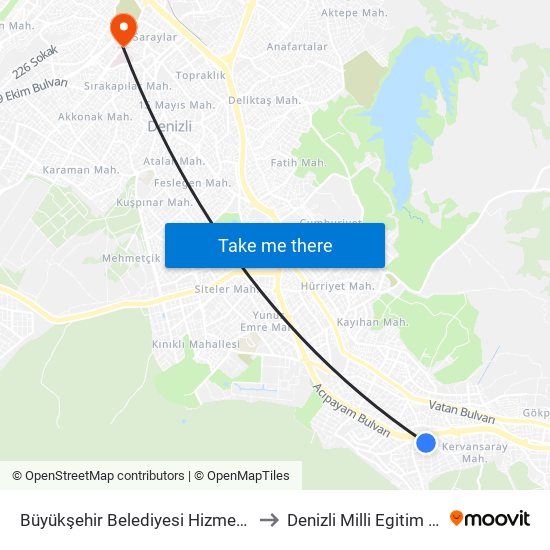 Büyükşehir Belediyesi Hizmet Binası - 1380 to Denizli Milli Egitim M?d?rl?g? map