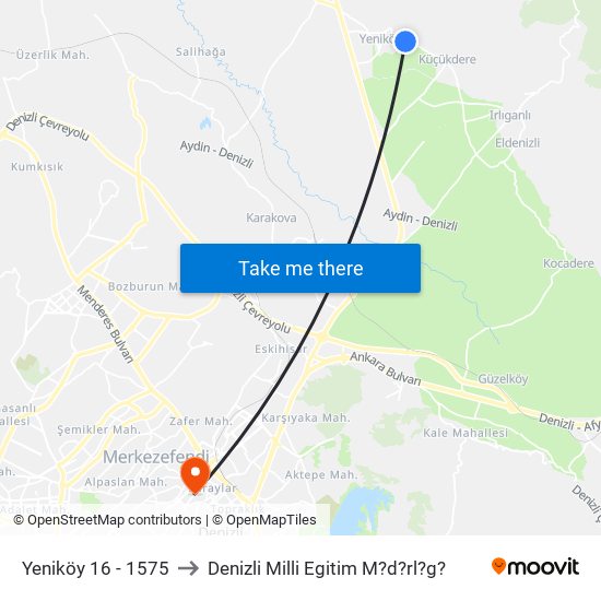 Yeniköy 16 - 1575 to Denizli Milli Egitim M?d?rl?g? map